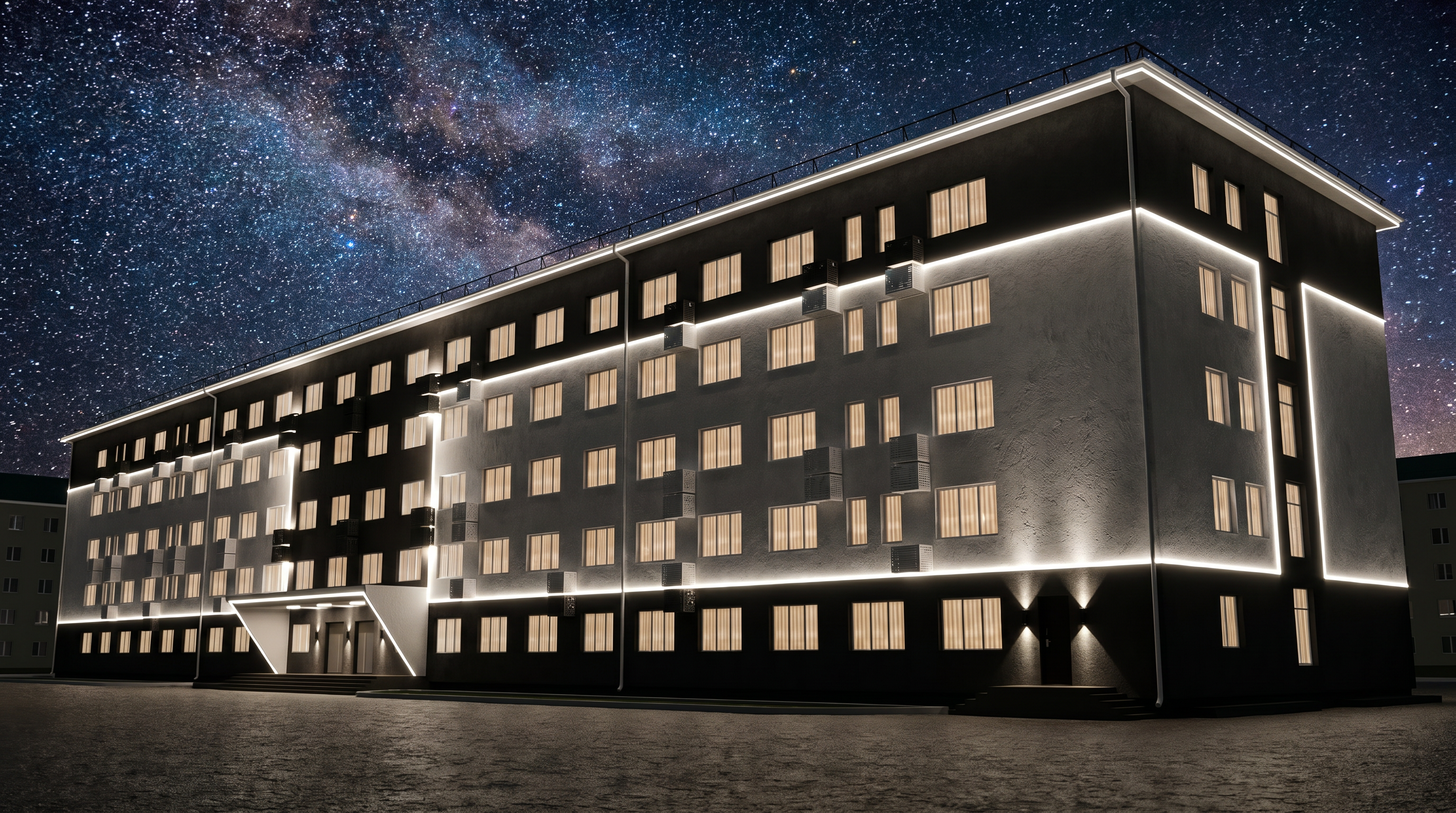 Modern architectural facade with geometric concrete forms