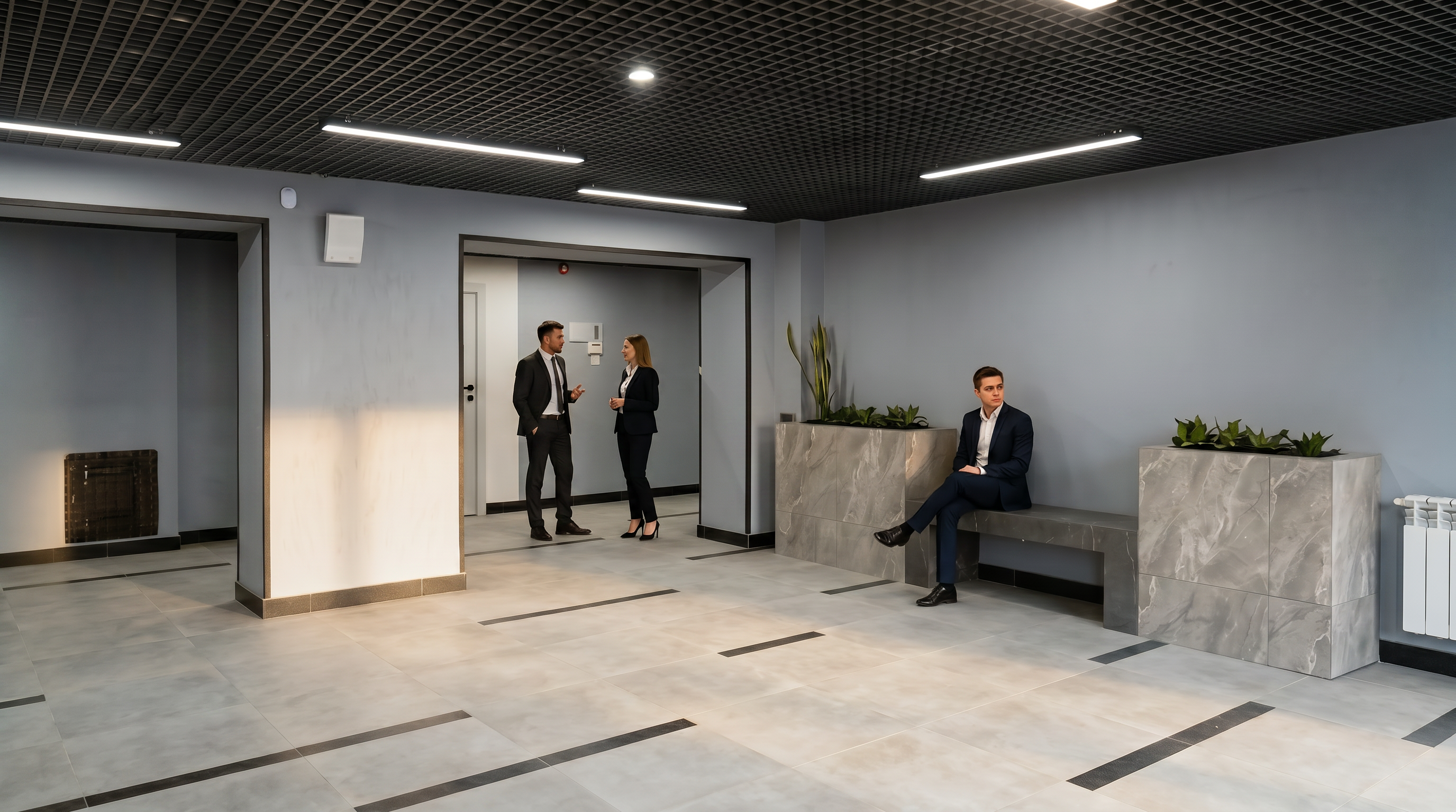 Modern office interior with dramatic lighting and clean lines